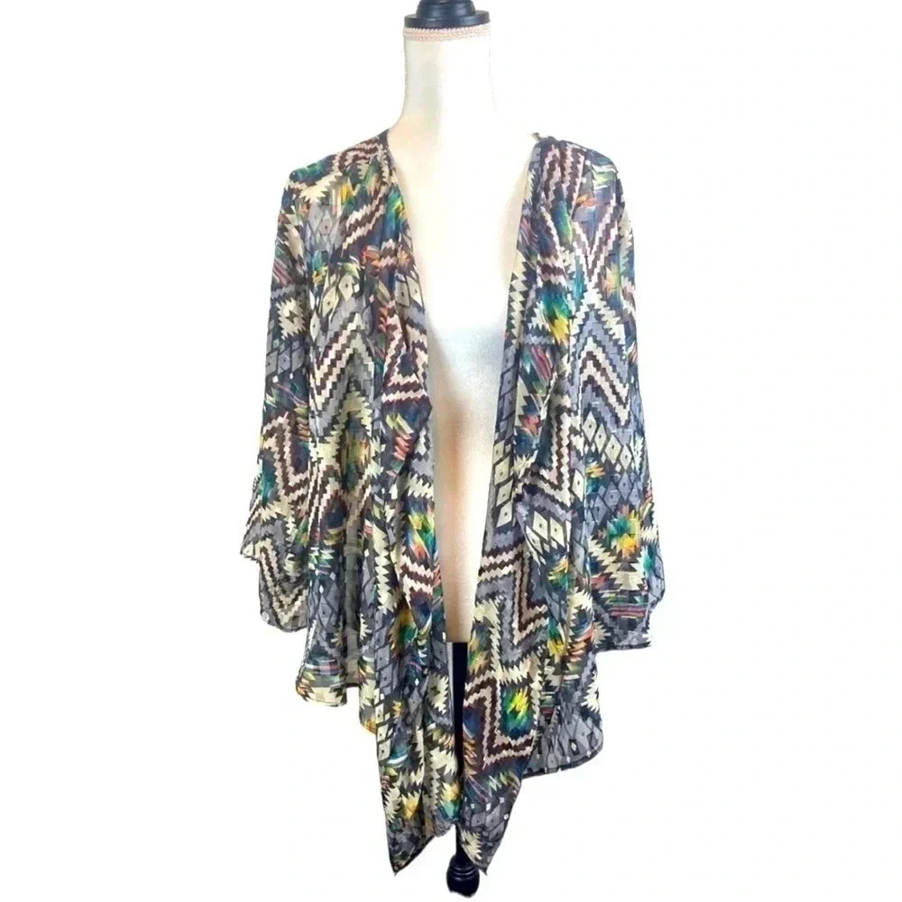 AZTEC multicolor sheer metallic open‎ front kimono